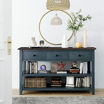 Modern Console Table, Pine Solid Wood Sofa Table with 3 Drawers and 2 Shelves, Entryway Table Sideboard Buffet Table for Living Room, 220 LBS Weight Capacity, Easy Assembly (Navy-1) - color: Navy-1