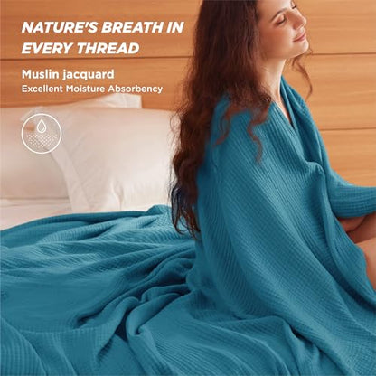 Bedsure 100% Cotton Muslin Blanket King Size for Bed - 4-Layer Breathable and Lightweight Thin Soft Summer Gauze Muslin Blanket for Adults, Teal, 108x90 Inches | Lightweight Breathable Summer Gauze Muslin Blanket for Adults, Soft Thin Bedspread Coverlet A