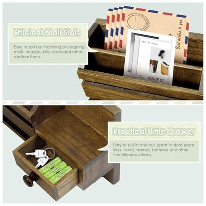 VIS'V Key Holder Wall Mount, Wooden Mail and Key Organizer, Brown | Contains Little Drawer, Small Shelf, 2 Slots, 6 Hooks, for Entryway, Hallway, Doorway, Kitchen, Garage, RV - color: Brown
