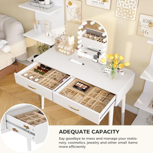 FUNKOCO White Small Vanity Desk with Drawers, 40 Inch Simple Writing Desk | Vanity Desk No Mirror with 4 Solid Legs, Modern Computer Desk for Small Spaces, Home Office, Study - color: Cream White