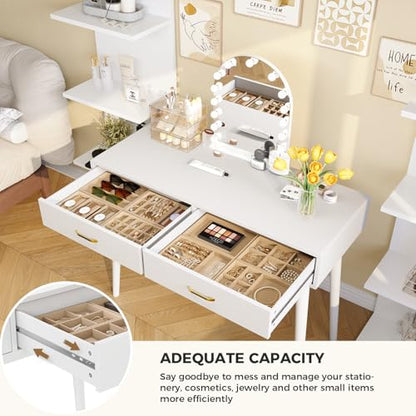 FUNKOCO White Small Vanity Desk with Drawers, 40 Inch Simple Writing Desk | Vanity Desk No Mirror with 4 Solid Legs, Modern Computer Desk for Small Spaces, Home Office, Study - color: Cream White