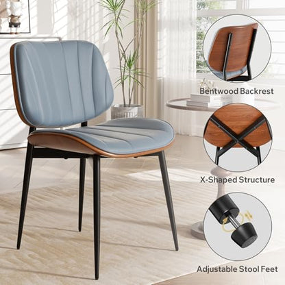Dining Chair, Mid Century Modern Dining Room Chairs, Upholstered Faux Leather Kitchen Chairs with Walnut Bentwood Back and Metal Legs for Kitchen Dining Room Living Room, Blue - color: Blue, size: Set of 1