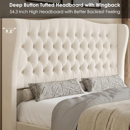 Full Size 54.3" Tall Bed Frame with Wingback Headboard & Footboard | Velvet Upholstered Platform Bed with Deep Button Tufted & Handmade Pleats, No Box Spring Needed, Easy Assembly, Beige/Cream - size: Full
