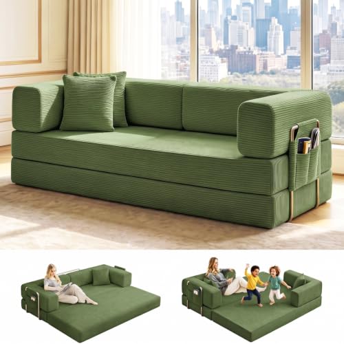 GEARIVY Folding Sofa Bed Convertable Corduroy Couch King Size Floor Sleeper 4-in-1 DIY Combination Modular Sofa Fold Out Futon Lounge Comfy Foldable Lazy cama for Living Room - color: Green, size: 80.3 inch sofa