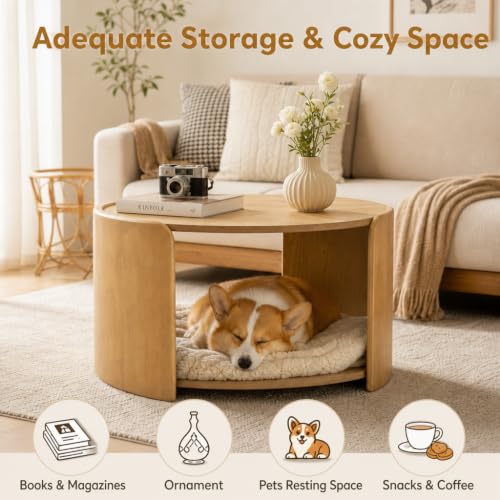 Oak Round Coffee Table, 2-Tier 31.5" Open Storage Modern Center Table | Wooden Circle Coffee Table with Shelf & Curved Legs for Living Room, Home Office, Reception Room, Apartment, Natural - color: Natural