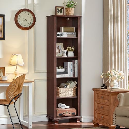 70" Tall Narrow Book Shelf, 5-tire Bookshelf with Adjustable Shelves & Solid Wood Legs, Farmhouse Freestanding Bookcase with Open Storage, Wood Book Case for Office, Living Room, Walnut - color: Walnut