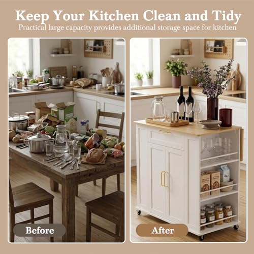 Faesun Kitchen Island on Wheels with Storage, Portable Kitchen Cart with Foldable Drop Leaf & Adjustable Shelves, Rolling Kitchen Island Cabinet with Spice Rack & 5 Casters, FSC Wood, White
