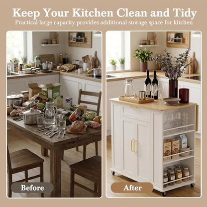 Faesun Kitchen Island on Wheels with Storage, Portable Kitchen Cart with Foldable Drop Leaf & Adjustable Shelves, Rolling Kitchen Island Cabinet with Spice Rack & 5 Casters, FSC Wood, White