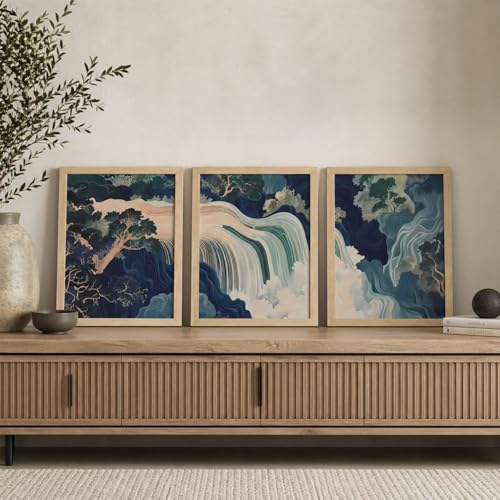 3Pcs Framed Canvas Murals Japanese Modern Landscape Blue-Green Mountain And Water Abstract Nature Posters Art Gallery Living Room Office Home Wall 16x24 Inches Ready To Hang - color: Japanese-1, size: 16x24 Inch