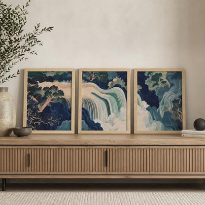 3Pcs Framed Canvas Murals Japanese Modern Landscape Blue-Green Mountain And Water Abstract Nature Posters Art Gallery Living Room Office Home Wall 16x24 Inches Ready To Hang - color: Japanese-1, size: 16x24 Inch