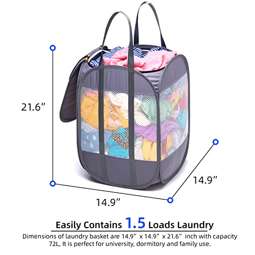 Pop-Up Laundry Hamper with YKK Zipper Lid, 1.5 Loads, Reinforced Handles | Tear-Proof Honeycomb Mesh, Zippered Lid & Tall Design, 14.9" x 14.9" x 21.6", White Laundry Basket, Reinforced Handles