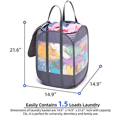 Pop-Up Laundry Hamper with YKK Zipper Lid, 1.5 Loads, Reinforced Handles | Tear-Proof Honeycomb Mesh, Zippered Lid & Tall Design, 14.9" x 14.9" x 21.6", White Laundry Basket, Reinforced Handles