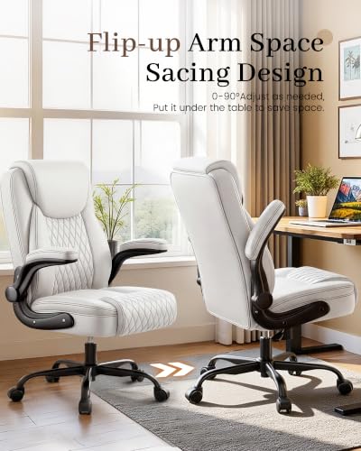 COMHOMA Mid-Back Office Chair, Ergonomic PU Desk Chair with Flip up Arms, Small Computer Gaming with Comfy Lumbar Support,Rocking Function,Sturdy Metal Base, White - color: White