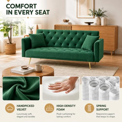 72"Modern Velvet Sofa Bed Futon,Convertible Folding Sleeper Bed Couches with 3 Adjustable Backrests,Tufted Recliner Love Seat with Golden Chrome Legs for Living Room Apartment Office (Green+pillows) - color: Green+pillows