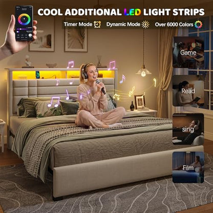 EnHomee Queen Upholstered Bed Frame with Charge Station & LED Lights, Beige | 2-Tier Shelves Headboard, 12" Under-Bed Storage Space, Noise-Free, No Box Spring Needed, Easy Assembly - color: Beige, size: Queen (U.S. Standard)