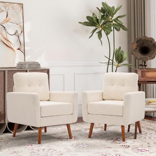 Tbfit Linen Fabric Single Sofa, Accent Chair, Mid Century Modern Armchair for Living Room, Bedroom Button Tufted Upholstered Comfy Reading Sofas, Beige - color: Beige, size: Single*2