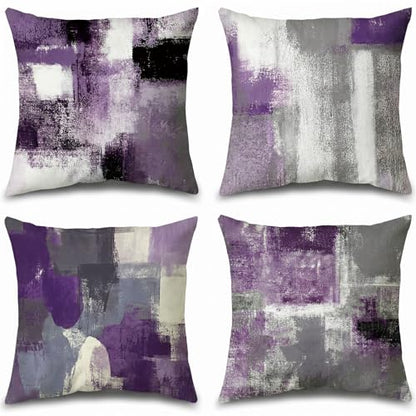 Purple Grey Abstract Throw Pillow Covers 18x18 Set of 4 | Lavender & Grey Modern‑Art Cushion Cases, neutral aesthetic pillowcases for sofa, bedroom & chair - color: Purple and Grey, size: 18" x 18" (Pack of 4)