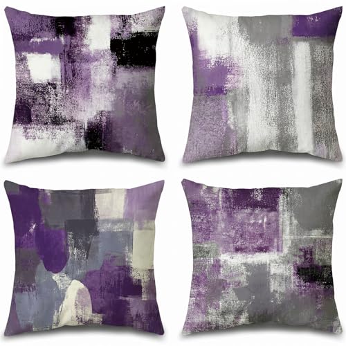 Purple Grey Abstract Throw Pillow Covers 18x18 Set of 4 | Lavender & Grey Modern‑Art Cushion Cases, neutral aesthetic pillowcases for sofa, bedroom & chair - color: Purple and Grey, size: 18" x 18" (Pack of 4)
