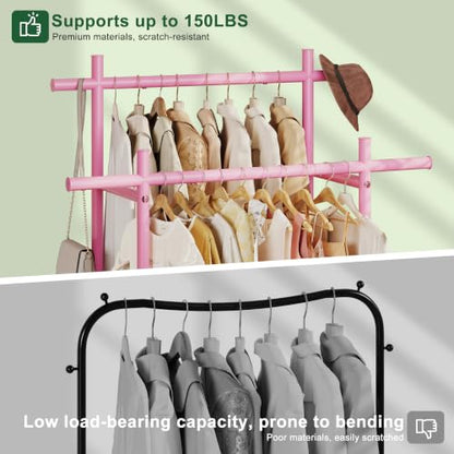 Lutown-Teen Metal Clothes Rack with Lockable Wheels, Double Rods, Pink | Clothing Rack Heavy Duty with Storage Rods, 150 LB Capacity Garment Rack, Easy Assembly - color: Pink, size: Double Rods