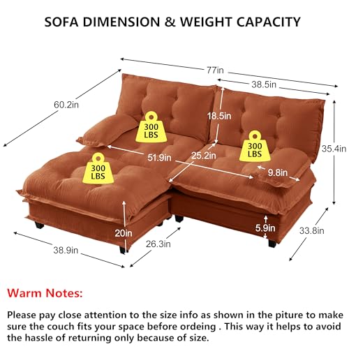 Modular L-Shaped Sofas for Living Room,Roomy Loveseat Couch with Ottoman,Small Chenille Love Seat Cloud Couches,Modern Tufted 2-Seat Sectional Sofa for Small Spaces - color: Orange, size: 2+1