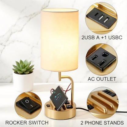Dreamholder 2 Pack Table Lamp, Bedside Lamp with 3 USB Charging Ports & AC Outlet, USB Desk Lamp with 2 Phone Holders, Linen Fabric Shade Nightstand Lamps for Bedroom Living Room Office, Gold - color: Gold