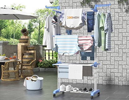 HOMIDEC Clothes Drying Rack, 4-Tier(67.7" H) Foldable Drying Rack Clothing | Foldable Stainless Steel Drying Rack, Movable Laundry Drying Rack with 4 Castors and 14 Hooks for Bed Linen, Clothing, Blue - color: Blue