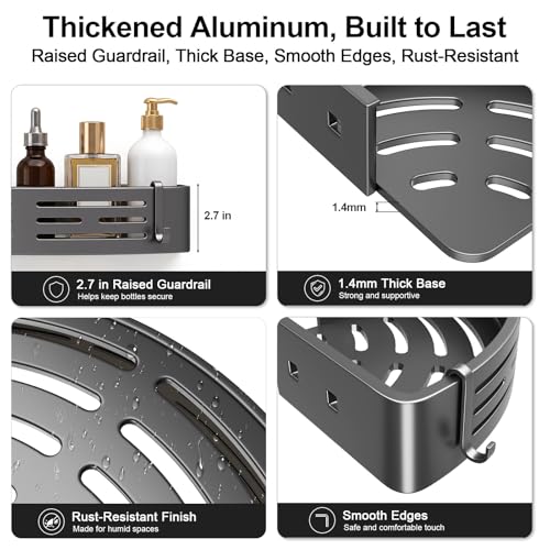 Adhesive Corner Shower Caddy 2-Pack, No Drill, Easy to Install | Rust-resistant aluminum shower shelves in matte gray for 90-degree corners only. Use together or separately.