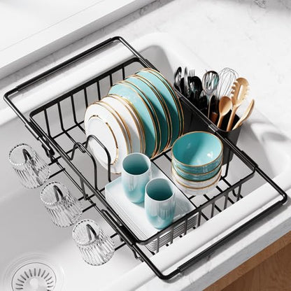 Sakugi Dish Drying Rack in Sink - Expandable Stainless Steel Dish Rack Over the Sink, Kitchen Sink Drain Strainer with Cutlery Holder & Cup Holders, 15.4 x 9.8 x 3.0 Inch, Black - color: Black, size: Standard - 15.4" × 9.8" × 3"