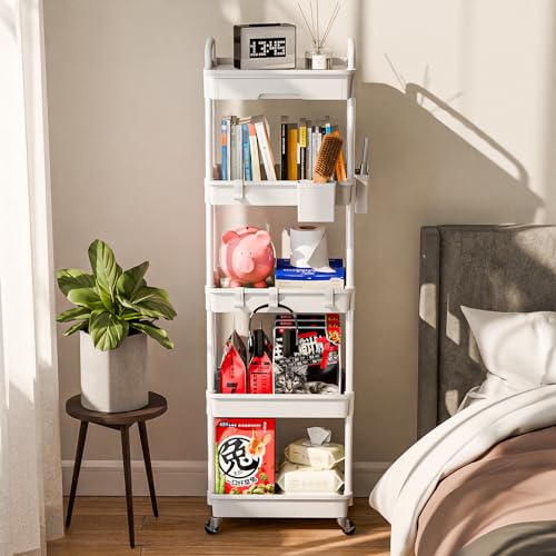 Sorgion 5 Tier Rolling Cart Organizer,Bathroom Cart Organizers with Wheels Laundry Room Organization Mobile Shelving Unit Utility Cart Storage Shelves Multi-Functional for Office, Home(White) - size: 5Tier-White
