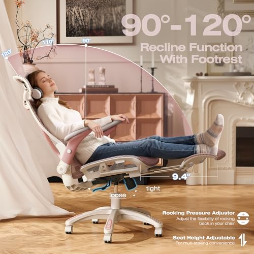 X100 Ergonomic Mesh Office Chair with Footrest, Big and Tall Home Desk Chair with 5D Flip-Up Arms, Adjustable 3D Lumbar Support, Gaming & Executive Computer Chair (Peach Blossom) - color: Peach Blossom