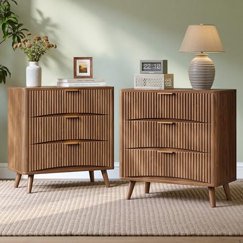 Evermagin 31.5" W Oversized Nightstands Set of 2 with 3 Drawers | Walnut Fluted Nightstand, Tall Large 3 Drawer Bedside Table, Mid Century Modern Side Table for Bedroom, livingroom - color: Walnut, size: 15.78"D x 31.5"W x 29.35"H (3 Drawers)