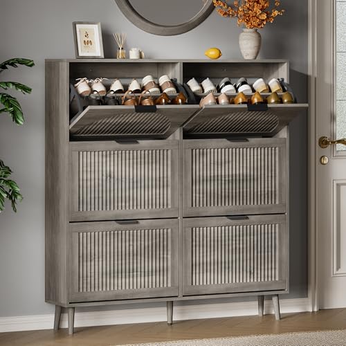 Xixini Shoe Storage Cabinet with 6 Flip Drawers, 50" Tall Narrow Wood Fluted Shoe Organizer for Entryway, Freestanding Wooden Hidden Slim Shoe Rack for Front Door Entrance, Hallway, Foyer, Light Grey - color: Light Grey, size: 6 Flip Drawers