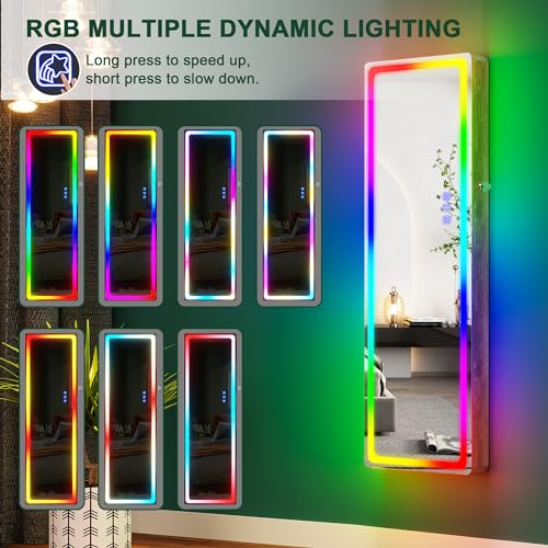 HNEBC Over the Door Jewelry Organizer with LED RGB Lights, 47.2" Full Length Mirror with Storage, Wall Mounted Jewelry Armoire, Hanging Mirror with 2 Drawers,Lokable,3 Shelves-Wood - color: A-Brown