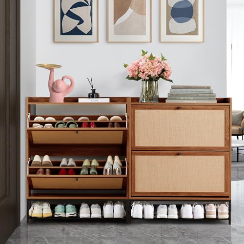 LEVNARY Shoe Cabinet Set of 2, Wooden Narrow Shoe Racks Cabinet Storage with 2 Flip Drawers, Hidden Freestanding Shoe Organizer for Hallway, Entryway, Home (2, Walnut) - color: Walnut, size: 2 Drawer-2 Packs