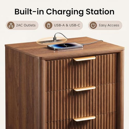 LYNCOHOME 23" Fluted Nightstands Set of 2 with Charging Station, 3 Drawer Bedside Table, Modern Night Stand with Curved Edge, Wooden End Table for Bedroom, Rounded Night Stand with Storage, Walnut - size: 15.7"D x 22.8"W x 24.2"H（3 Drawers）