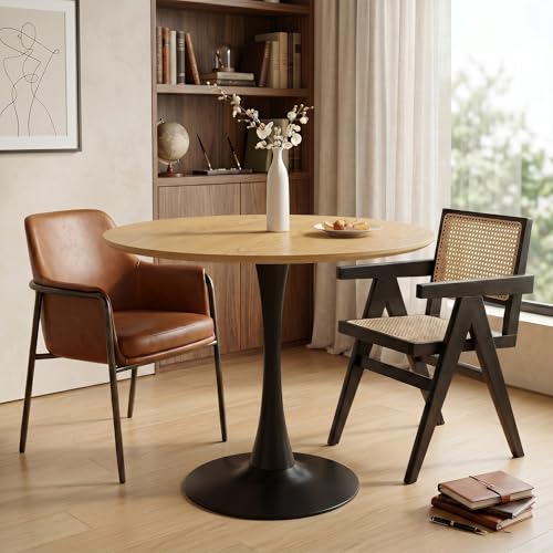 31.5" Round Tulip Table - Mid Century Modern Kitchen Dining Table | Natural Wood Grain Top & Black Pedestal Base, Space-Saving Table for Apartment, Breakfast Nook, Office, Small Dining Areas - color: Natural & Black, size: 31.5 Inch