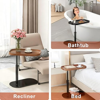 C Shaped Side Table Adjustable Height, 360° Swivel Couch End Table That Slide Under, Small C Shaped End Table for Sofa/Bed/Bathtub, Coffee TV Dinner Tray for Living Room, Bedroom, Bedside (Wood) - color: Wood