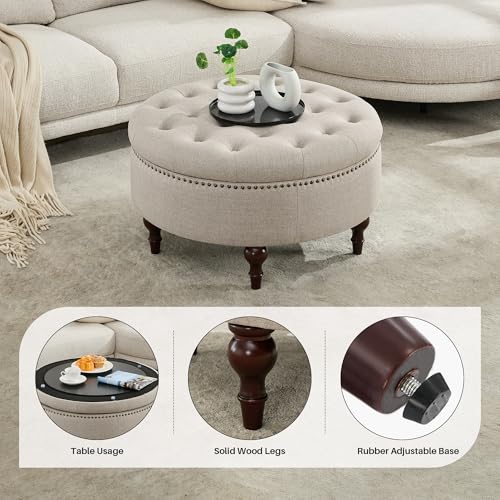 31.5"Large Round Storage Ottoman, Tufted Linen Ottoman Coffee Table | Upholstered Large Ottoman Footrest With Solid Wooden Legs and Nailheads for Living Room Bedroom Office, Light Khaki - color: Light Khaki