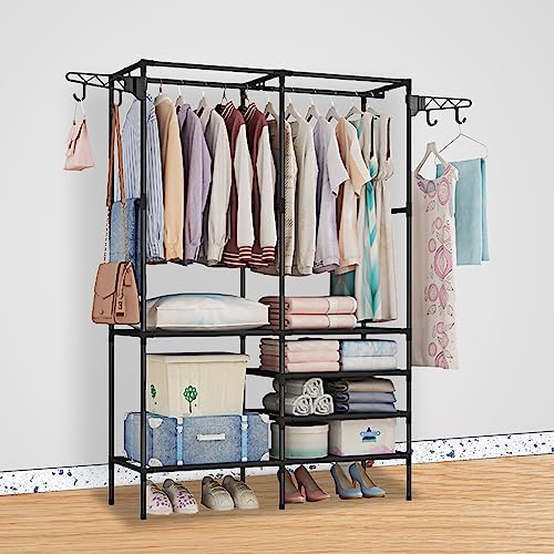 Clothes Rack, Multifunctional Metal Freestanding Garment Racks Closet Wardrobe Rack Organizer for Hanging Clothes Bedroom Laundry Living Room - size: Black 14.2"D x 42.1"W x 66.1"H