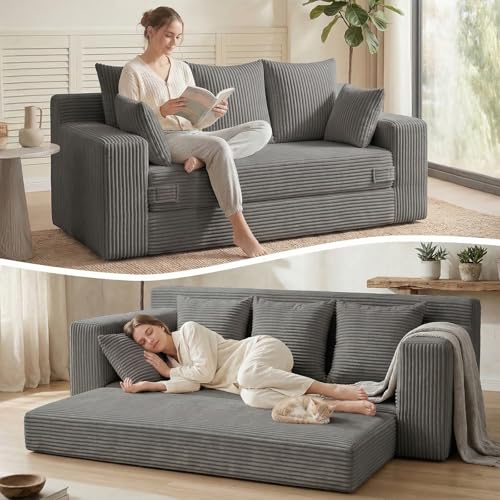 Oversize Loveseat Boneless Convertible Sofa Bed, Folding Floor Futon Sleeper Sofa Queen Size Couch Bed- Boneless Foldable Couch, Corduroy Pull Out Sofa Bed with 5 Pillows for Living Room & Bedroom - color: Grey, size: 70''(Queen）