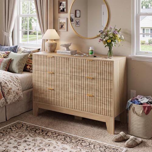 IDEALHOUSE 6 Drawer Dresser for Bedroom, Fluted Dresser for Bedroom | Fluted Door, Sturdy Structure, Easy to Clean - color: Oak, size: 47.2"D x 15.6"W x 31.5"H (6 Drawers)