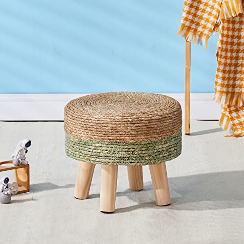 Cpintltr Ottoman Natural Seagrass Footrest Poufs Hand Weave Round Foot Stool for Couch Desk Soft Step Stool Padded Foot Rest with Pine Legs for Living Room Bedroom Natural/Green - color: Green