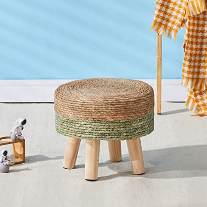 Cpintltr Ottoman Natural Seagrass Footrest Poufs Hand Weave Round Foot Stool for Couch Desk Soft Step Stool Padded Foot Rest with Pine Legs for Living Room Bedroom Natural/Green - color: Green