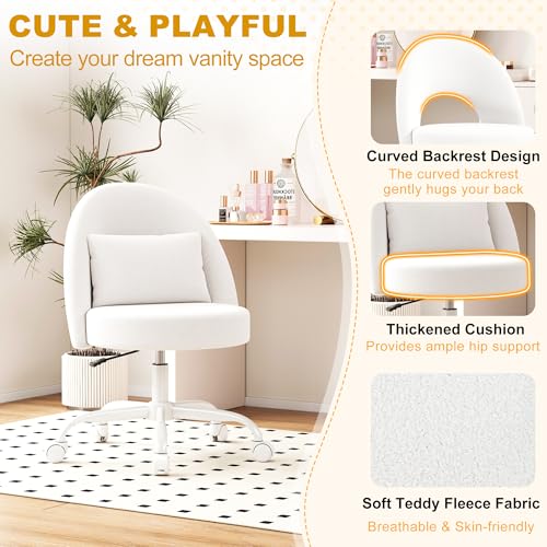 Misolant Vanity Chair with Back, Armless Cute Office Chair with Wheels for Girls, Teddy Fleece Fabric Small Desk Chairs with Adjustable Height, Lumbar Support Pillow, 360°Swivel for Makeup Room, White - color: White