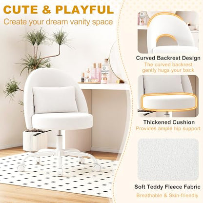 Misolant Vanity Chair with Back, Armless Cute Office Chair with Wheels for Girls, Teddy Fleece Fabric Small Desk Chairs with Adjustable Height, Lumbar Support Pillow, 360°Swivel for Makeup Room, White - color: White