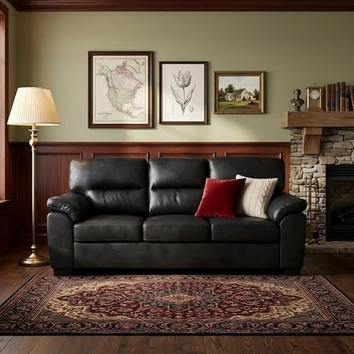 Eafurn Mid-Century Modern 3-Seater Loveseat Sofa Couch with Sturdy Wood Frame & Cushioned Armrests, 81" Compact Faux Leather Settee Furniture for Living Room, Apartment, Office - color: Black 81"
