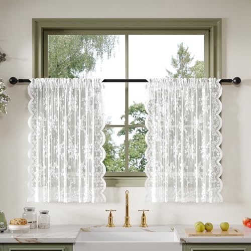 Anmao Vintage Lace Valance Kitchen Curtains 36 Inches Long 2 Panels, Semi Sheer Floral Over Sink Lacy Cafe Curtain, Elegant Window Short Small Drapes, 55W x 36L, White Rose - color: White Rose, size: 55"W x 36"L (Pack of 2)