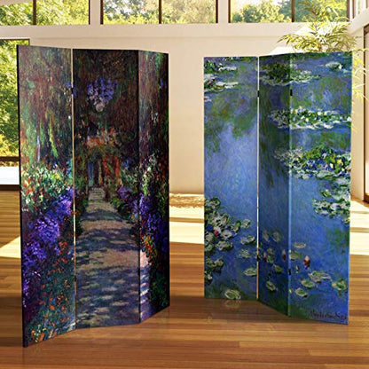 Red Lantern Double Sided Works of Monet Canvas Folding Screen - Lilies/Garden at Giverny, 6 ft. Tall - color: Lilies/Garden at Giverny, size: 6 Foot Tall - 4 Panel