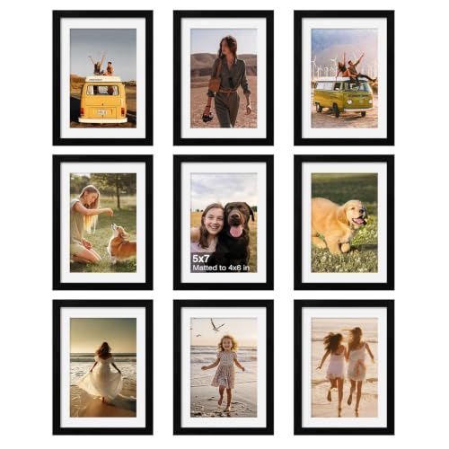 5x7 Picture Frame Set of 9, 7x5 Photo Frames with Plexiglass for 4x6 Pictures with Mat or 5x7 Without Mat, Art Collage for Wall Gallery and Tabletop Display, 5 x 7 Frame Black - color: Black, size: 5x7