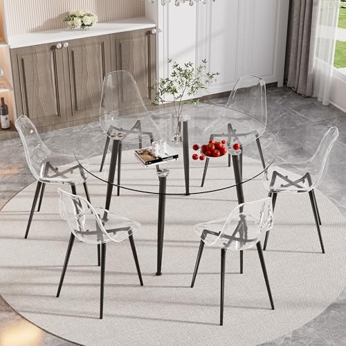 Baysitone Clear Dining Chairs Set of 6, Modern Kitchen Chairs with Transparent Seat, Acrylic Accent Side Chairs with Plating Metal Legs for Dining Room, Kitchen, Living Room with Black - color: Black, size: Set of 6